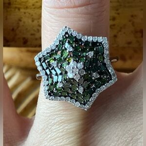 Natural Green Diamond White Diamond Sterling Silver Ring Size 7.5
